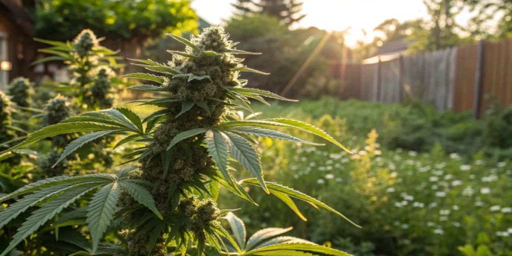 Outdoor scene of a thriving Triple G Auto strain plant with dense bud clusters in a sunlit garden setting, surrounded by lush vegetation.