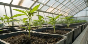 Young triploid cannabis seeds seedlings sprouting in a bright greenhouse environment.