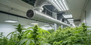 Close-up of a sophisticated air filtration and lighting system inside a modern indoor cannabis grow room.