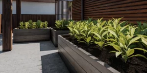 Cannabis plants flourishing in wooden planter boxes on a modern patio.