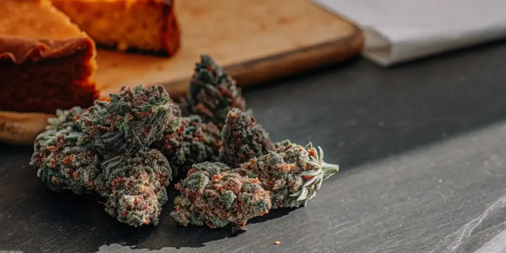 frosty cannabis buds displayed on a dark surface next to a slice of cheesecake