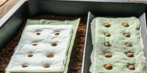 Germination tray with cannabis seeds placed on moist paper towels in starter pellets.