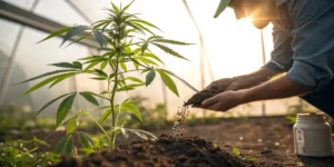 Close-up of a cannabis plant in a sunlit greenhouse with a grower adding soil.
