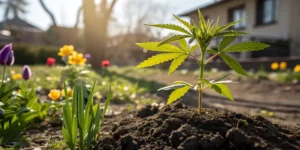 Young cannabis seedling growing in a garden surrounded by flowers.
