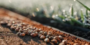 close-up of cannabis seeds spread over moist, fertile soil outdoors