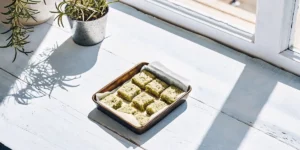 Freshly made cannabis edibles cut into squares resting on parchment paper in a tray