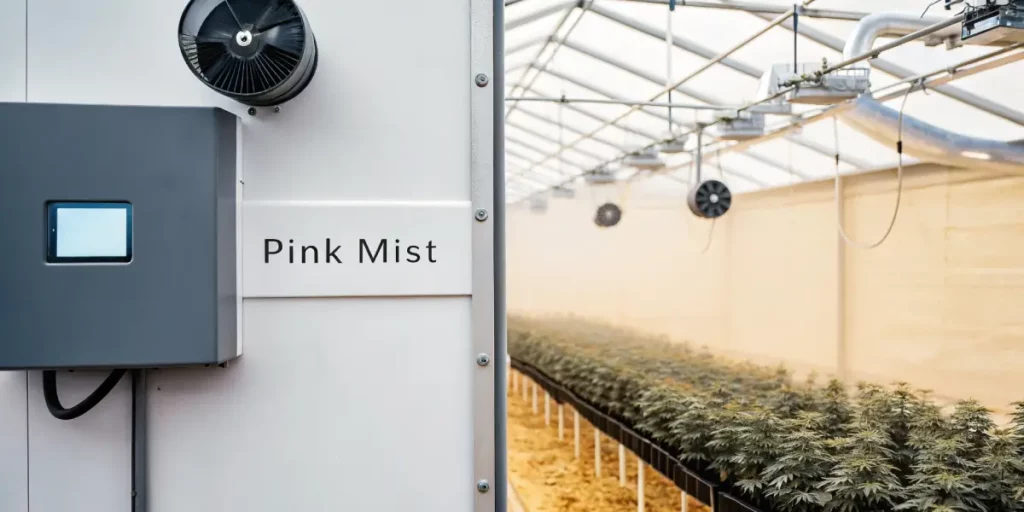 Controlled greenhouse grow facility for Pink Mist cannabis strain