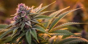 Close-up of a purple cannabis bud with trichomes glowing in the sunset light