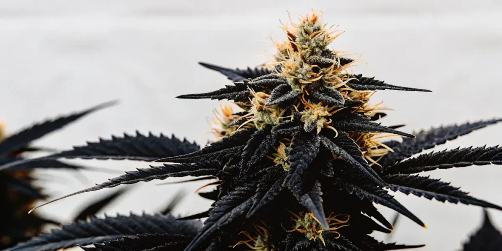 Close-up, hyper-realistic image of a dark-leaved Pineapple Express cannabis bud with orange pistils, against a white background.