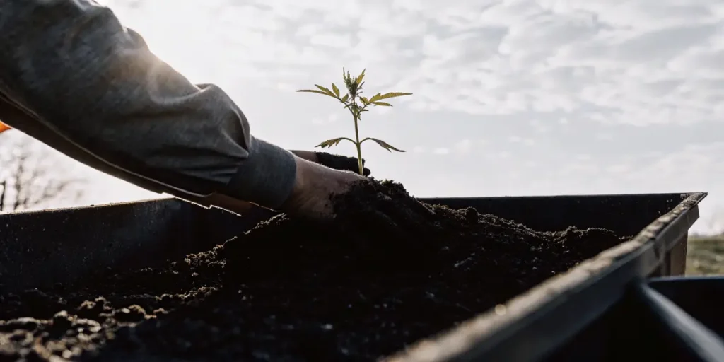 laughing buddha.Hands carefully planting a small green seedling into dark soil in an outdoor garden bed.