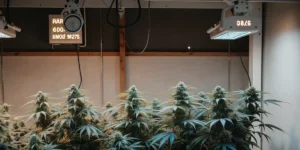 Close-up of lush green plants with visible buds under a red LED grow light displaying "PAR 600 MMO./ M".