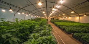 Wide-angle view of a well-maintained indoor greenhouse filled with lush cannabis plants under warm lighting.