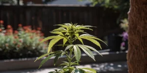 A young autoflower cannabis seedling growing in soil inside a greenhouse, surrounded by mature plants in pots.
