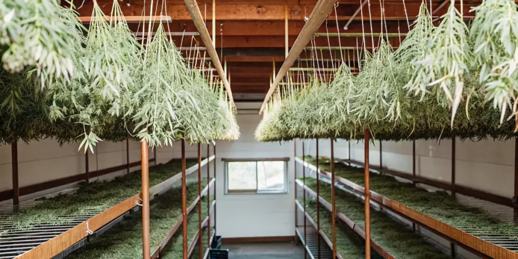 overhead view of a cannabis drying room with buds hanging from racks