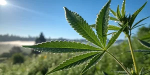 close-up of a cannabis leaf with morning dew droplets sparkling in natural sunlight