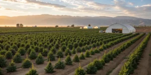 Wide view of a large outdoor cannabis farm at sunset with greenhouse