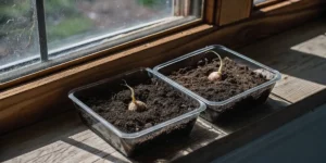 Close-up of autoflower seeds sprouting in soil-filled plastic containers on a sunny windowsill
