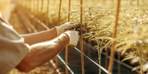 A gardener ties an outdoor cannabis plant to vertical supports in a sunlit cultivation field.