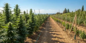 Sunlit rows of tall outdoor cannabis plants on a farm under clear sky