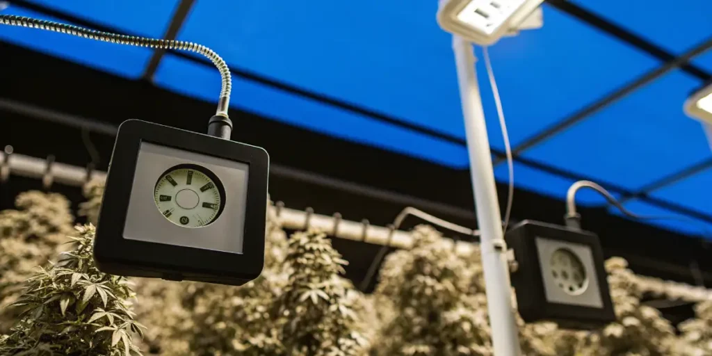Detailed, hyper-realistic image of environmental control meters hanging above rows of cannabis plants in an indoor grow room, under a blue sky ceiling.