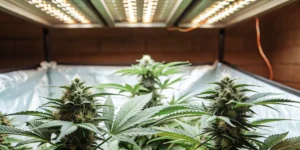 Hyper-realistic image of lush cannabis plants with dense buds under bright overhead grow lights in an indoor grow room.