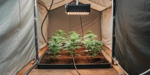 Hyper-realistic image of three cannabis plants growing in a black tray under a warm overhead grow light in a tent.