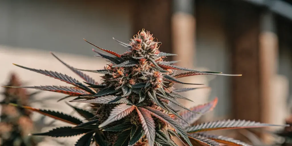 Hyper-detailed macro image of a dense cannabis bud with red and orange pistils, and dark leaves.