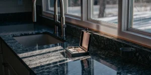 Kief collector box with compartments on a dark granite kitchen counter in natural light.