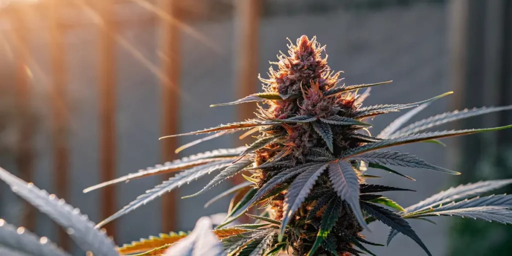 Frosty cannabis bud with purple-tinted leaves at sunset in an outdoor grow