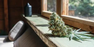 Frosty cannabis bud with orange hairs on green wooden shelf by window.