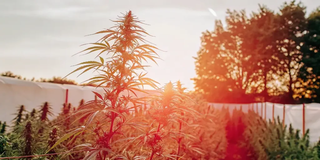 GG cannabis plant growing outdoors at sunset