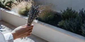 Hand holding a small bouquet of dried lavender with soft background lighting.