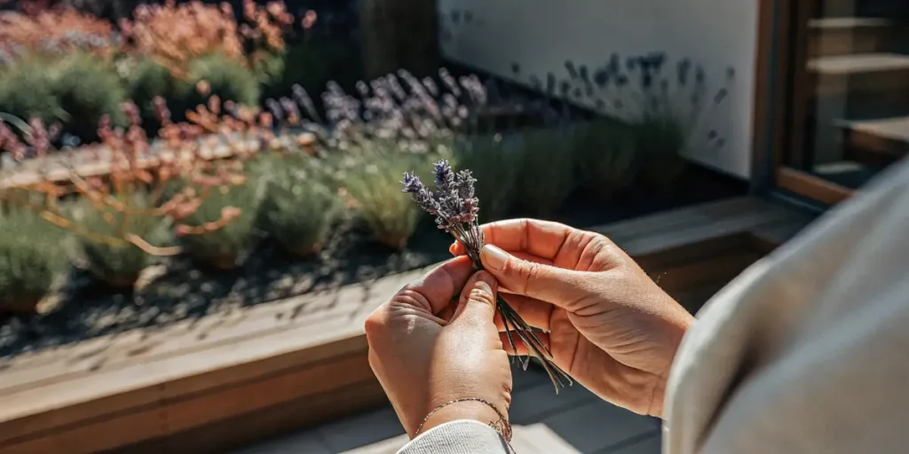 Close-up of hands holding fresh lavender sprigs in a sunny outdoor garden.