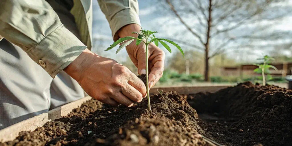 Hands planting a young cannabis seedling into rich soil in an outdoor garden.