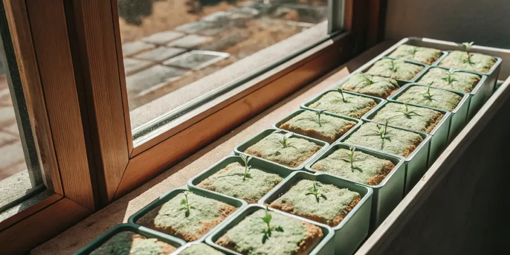 Multiple cannabis sprouts in rockwool cubes placed on a windowsill for germination