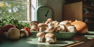 fresh mushrooms on a kitchen table with vegetables and herbs