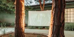 Outdoor movie screening setup with a screen between trees and decorative lights in an evening garden