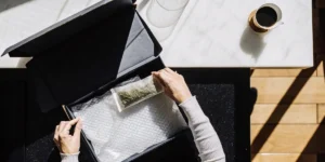 Hands packaging cannabis products for home delivery on a kitchen table