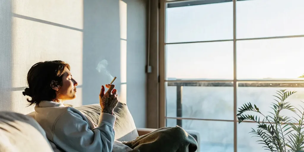 Woman relaxing on a couch while smoking a cannabis joint at sunset.