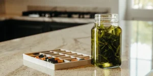 A glass jar filled with green plant material submerged in oil, next to a tray of vials, on a light-colored kitchen counter.