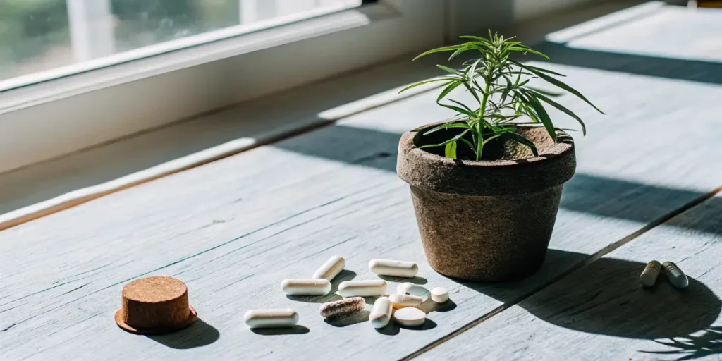 Small cannabis plant in a pot, with various pills and capsules on a rustic wooden table.
