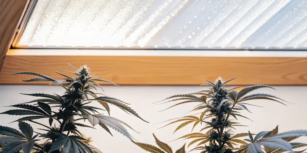 A golden-leafed cannabis plant next to a dark green one under bright LED grow lights.