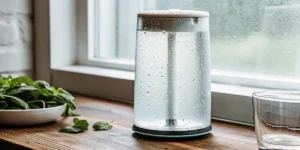 Close-up of a condensation-covered humidifier on a wooden windowsill next to fresh mint leaves.
