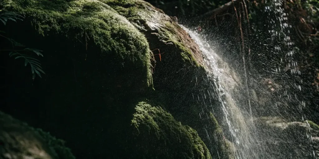 Close-up of a waterfall cascading over dark, moss-covered rocks, with sunlight highlighting the spray.
