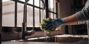 Hands in blue gloves washing a head of lettuce under running water with a bright outdoor view.