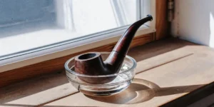 A dark wooden smoking pipe with a gold band rests on a white towel, with faint smoke, in a modern bathroom sink.