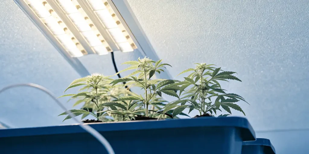 Young BCN Diesel cannabis plants growing in pots under strong LED lights.