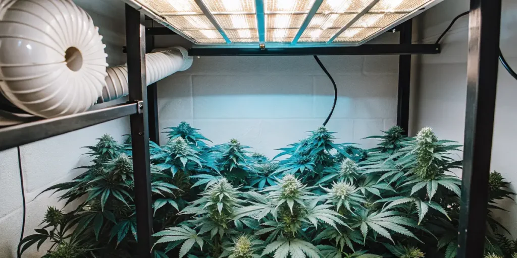 Cannabis plants growing indoors under LED lights with ventilation system
