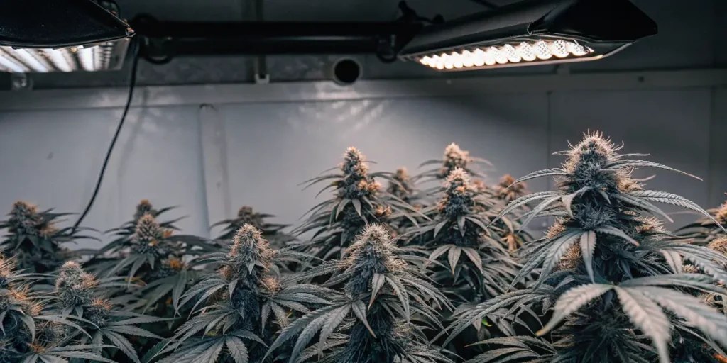 Flowering CBG cannabis plants in an indoor tent with grow lights