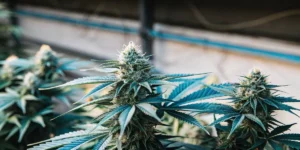 Close-up of Lemon Haze cannabis bud with frosty trichomes and green sugar leaves.